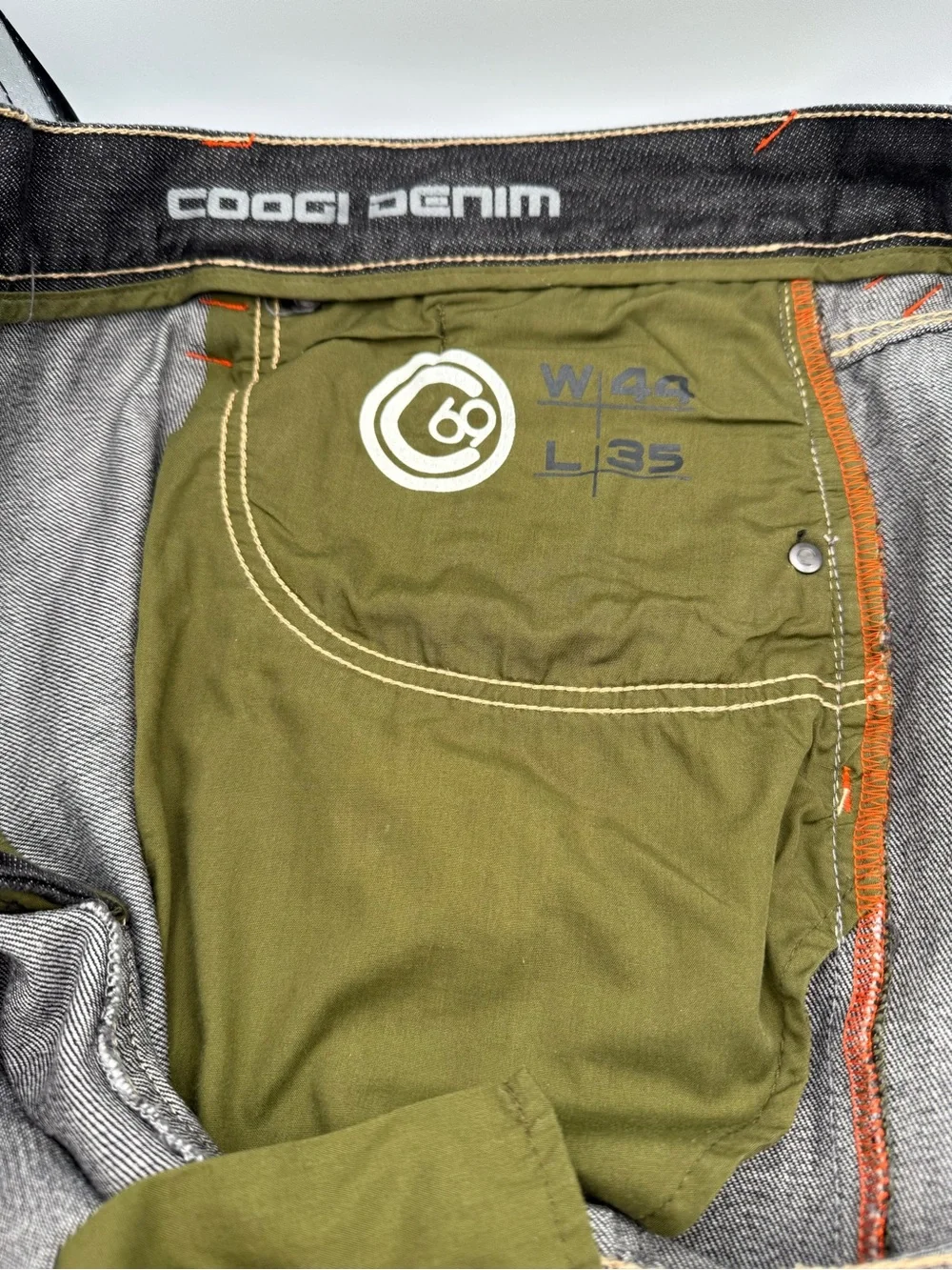 Vintage COOGI Black Denim Orange Embroidered Spell Out Baggy Hip Hop Jeans